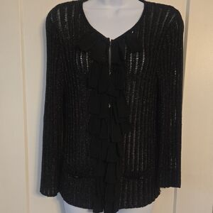 Black Cardigan Sweater with V-Neck and Ribbed Texture